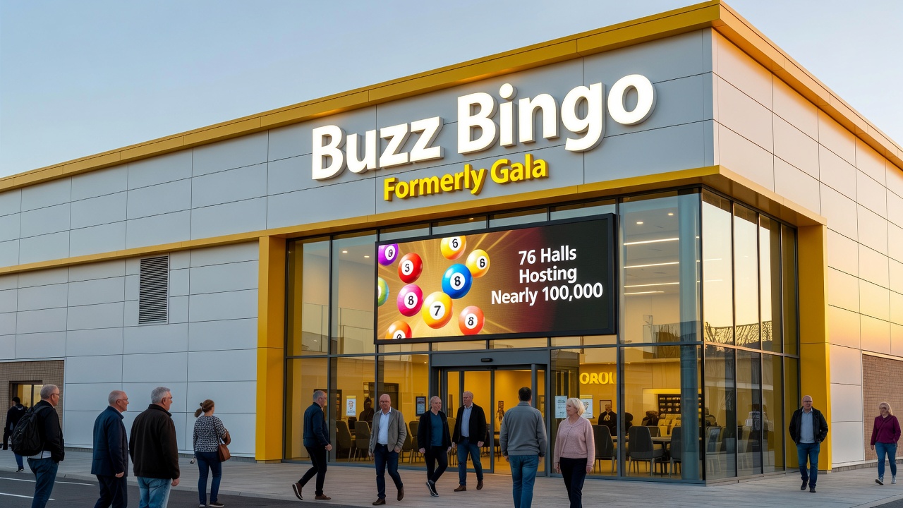 Group of young adults playing bingo together in a modern hall setting with digital screens